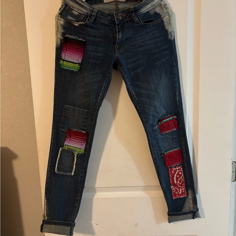 Free People Blue and Red Skinny Jeans with Distressed Details